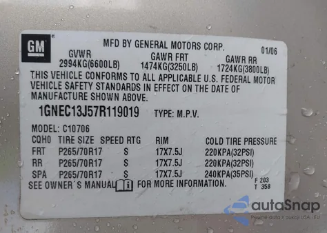 2007 Chevrolet Tahoe Ls из США, поврежденный, VIN 1GNEC13J57R119019